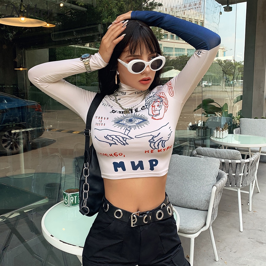 Buy Nibber Autumn Fashion High Street Casual Tight Stretch Slim Crop Tops Women Funny Print Full Sleeve Stretch Slim Tee Shirt Mujer And View Our Huge Collection Of Graphic Designed T Shirts