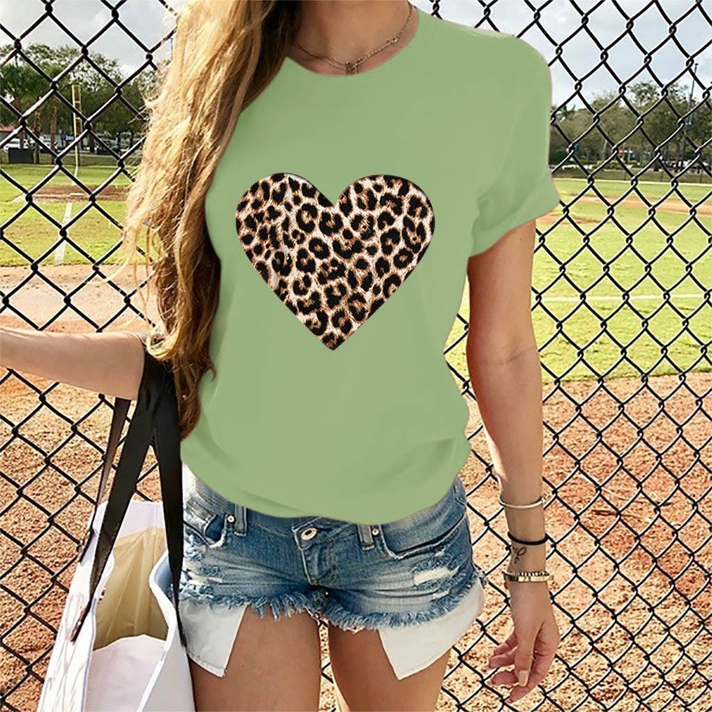 Hotkey T-Shirts for Women Plaid Leopard Heart Valentines Day Graphic Tees Short Sleeve O-Neck Tops Holiday Blouse Shirts
